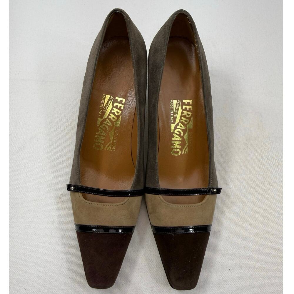 Salvatore Ferragamo Vintage Suede Kitten Heels Mary Jane Brown Taupe Size 5B